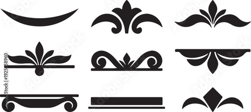 Ornate border vector icon set. Includes 9 decorative elements. Created in simple style with black color.