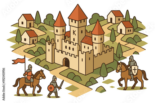 Medieval castle and knights in isometric cartoon style landscape
