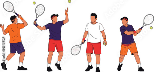Tennis Players Action Set with Male Athletes Serving and Hitting Forehand and Backhand Shots Vector Illustration Collection