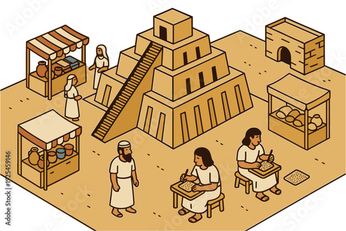 Ancient market scene with isometric ziggurat and scribes in mesopotamia