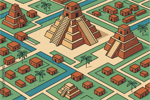 Isometric ancient city with pyramids and canals