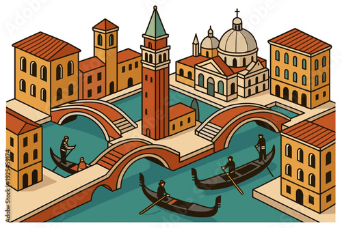 Charming isometric cityscape with canoes and bridges
