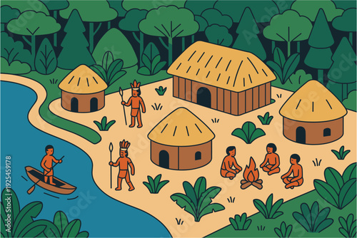 Traditional tribal village by river with indigenous people in simple cartoon style