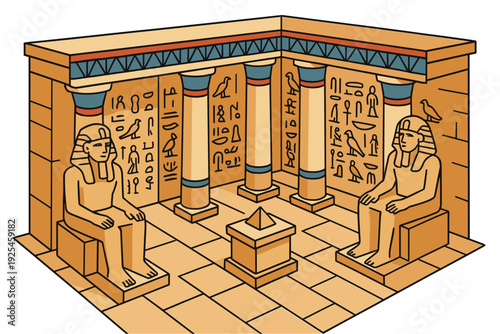 Ancient egyptian temple with hieroglyphs and statues in isometric style