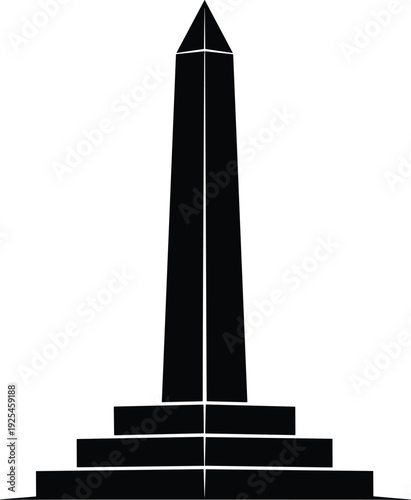 Black and white Egyptian obelisk monument silhouette, minimalist geometric design, ancient stone pillar, landmark icon, isolated on white background, vector,