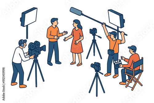 Film crew working on set in isometric style with cameras and lights