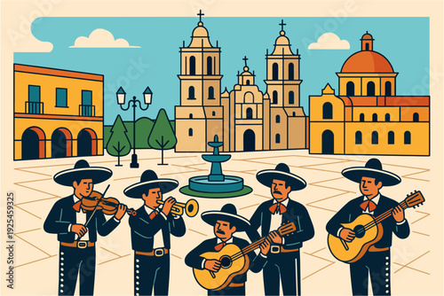 Traditional mexican mariachi band performing in a vibrant colonial town square