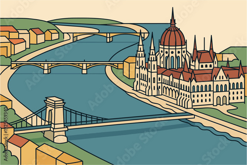 Colorful flat design of budapest cityscape along the danube river