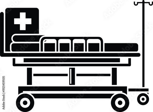 Black and white minimalist medical hospital gurney icon featuring emergency cross symbol on wheels for clinical healthcare signage and professional branding.