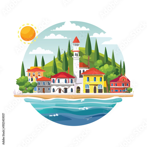 Coastal village illustration with colorful houses and beach scene