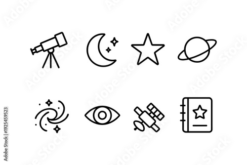 Space exploration icons: telescope, moon, star, planet, and satellite in linear style
