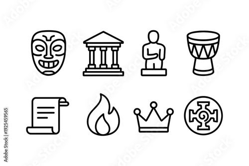 Line art cultural icons: mask, temple, sculpture, drum, scroll, fire, crown, labyrinth