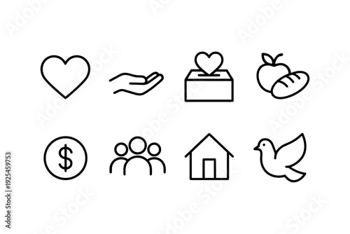 Minimalist charity and community icons set with heart, hand, and dove symbols