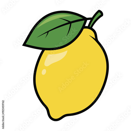 Vibrant yellow lemon with green leaf on white background fresh and juicy cartoon fruit illustration