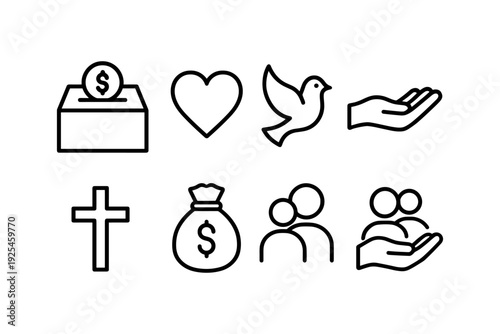 Minimalist icons of charity and giving: heart, dove, donation box, helping hands