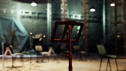 The old opera stage features empty chairs and a music stand, hinting at an upcoming performance in a vintage theater setting that exudes history and charm.