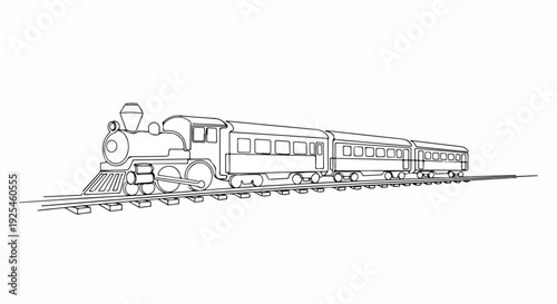 A vintage steam train travels along a railway track with passenger cars.