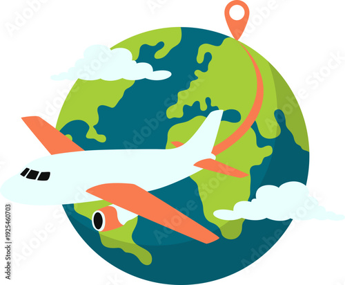 Airplane traveling illustration with earth and cloud for travel promotion. Vector isolated.