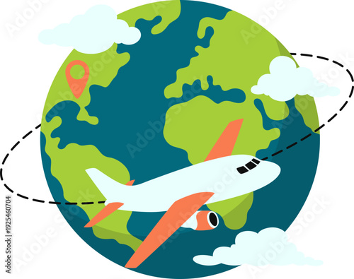 Airplane traveling illustration with earth and cloud for travel promotion. Vector isolated.