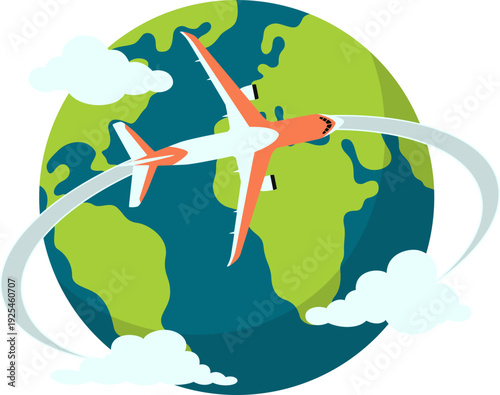 Airplane traveling illustration with earth and cloud for travel promotion. Vector isolated.