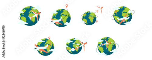 Airplane traveling illustration with earth and cloud for travel promotion. Vector isolated.
