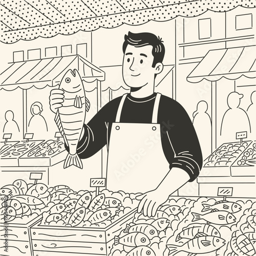 Man holding a fresh fish at an outdoor seafood street market stall, fishmonger line art sketch