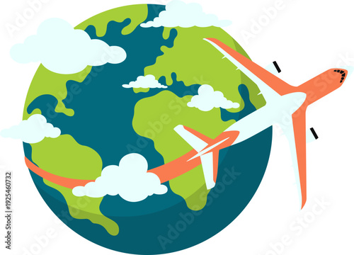 Airplane traveling illustration with earth and cloud for travel promotion. Vector isolated.