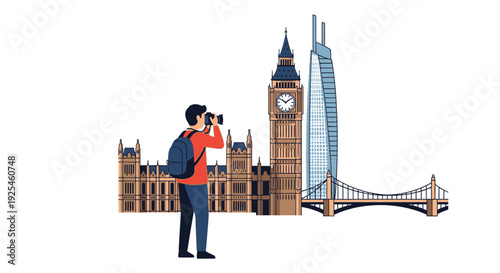 Tourist photographing landmark building and bridge against sky vector illustration