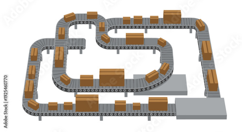 Conveyor belt system transporting packages isolated on white background