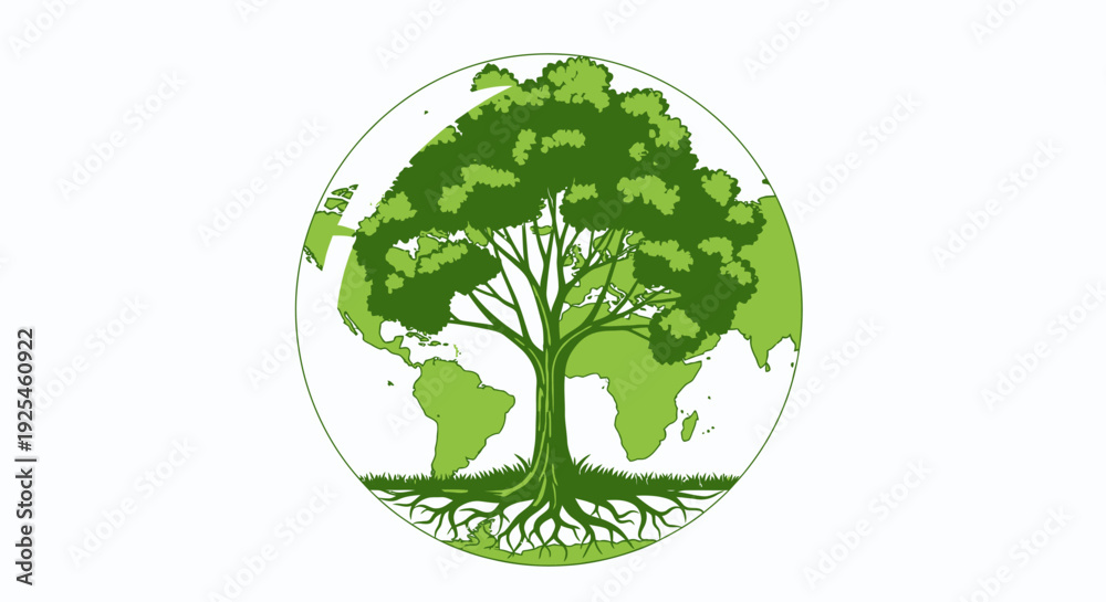 Obraz premium Green tree illustration with world map background concept for environment