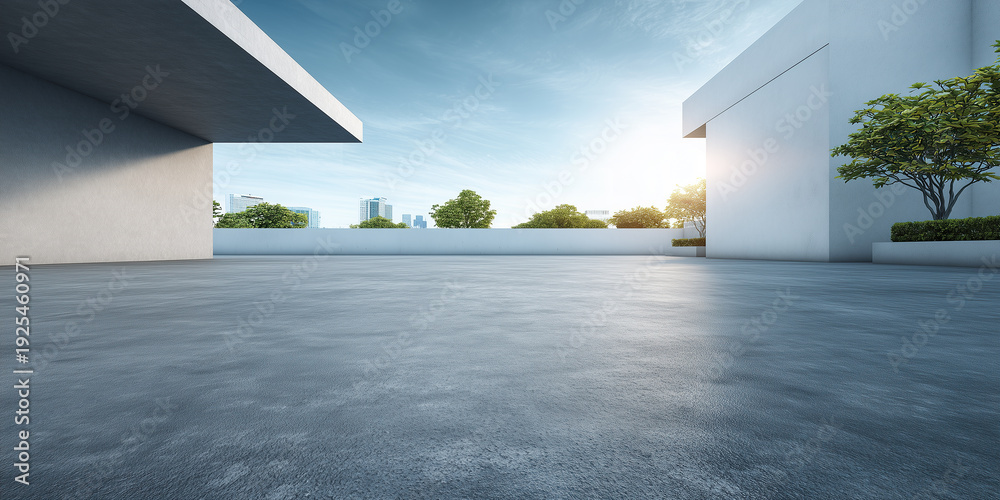 Fototapeta premium Rooftop terrace bathed in natural sunlight. Minimalist outdoor space. Concrete floor provides empty copy space, city skyline with towering skyscrapers enhances urban atmosphere, ideal for background.