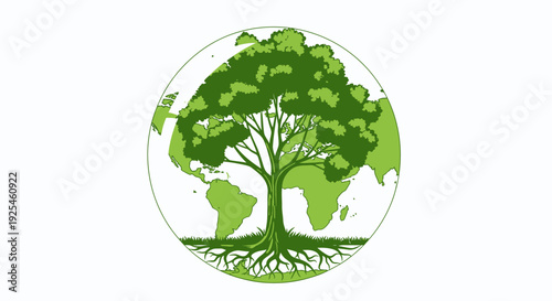 Green tree illustration with world map background concept for environment