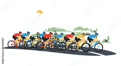 Cyclists racing on a road against a sky background vector illustration