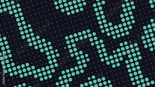 Abstract digital pattern of glowing green halftone dots forming a maze or labyrinth on dark background with vector illustration