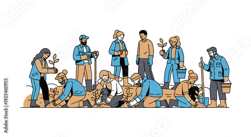 Group of diverse people planting trees outdoors to promote environmental awareness