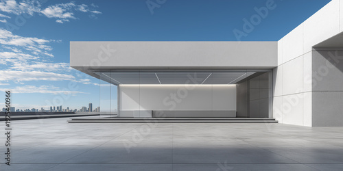 Open air showroom featuring  smooth concrete floor under clear blue sky and urban city skyline with towering skyscrapers. Expansive concrete floor provides copy space, ideal as display background.