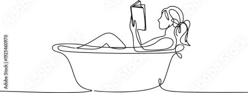 Continuous one line design of a woman is soaking in the bathtub while reading a book. one line Icon drawing