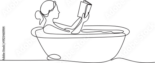 Continuous one line design of a woman is soaking in the bathtub while reading a book. one line Icon drawing