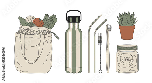 Eco friendly lifestyle reusable items and sustainable living illustration