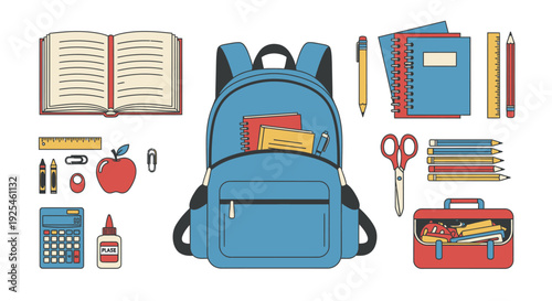School supplies vector illustration backpack books stationery on white