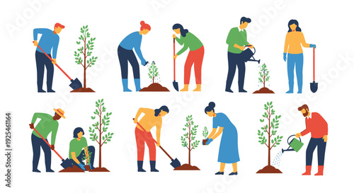 People planting trees diverse illustrations of gardening and environmentalism