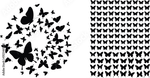Black butterfly silhouettes collection, flying swarm and repeating pattern shapes, nature decorative design elements isolated on white background