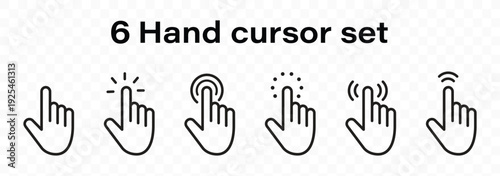 Set of black hand cursor icons illustrating touch gestures: swipe left, right, scroll, and rotate. Minimalist vector graphics for mobile app navigation and UI/UX design on a white background