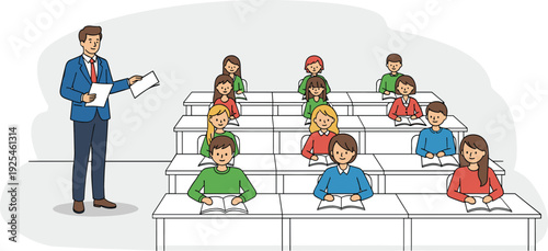 Flat vector illustration of a male professor teaching a diverse group of students in a university lecture hall
