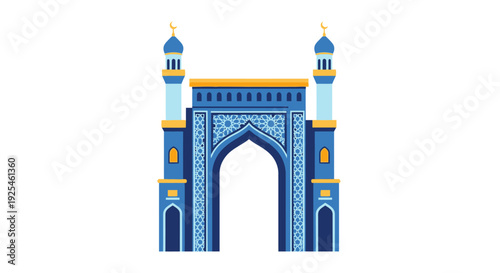 Islamic architectural gateway illustration with vibrant blue color and intricate design