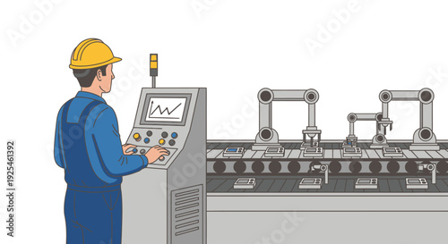 Factory worker operating machinery with robotic arms in production line setup
