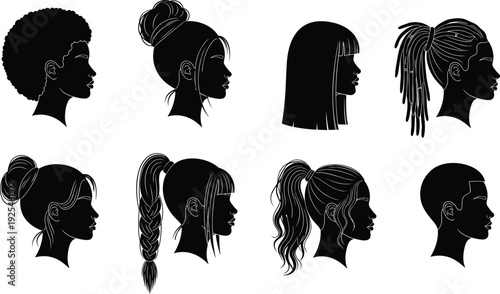 Black female hairstyle silhouette icon set, women head profiles with modern hair styles, beauty fashion vector collection isolated on white background