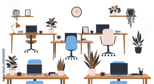 Modern office interior illustration desks computers plants clocks