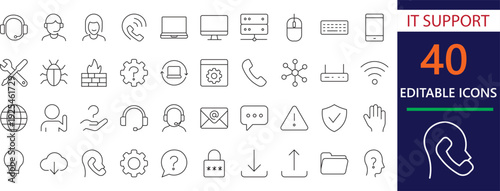 professional line icons of it support, technical, helpdesk, remote, assistance, computer, system, maintenance, and customer service interface.