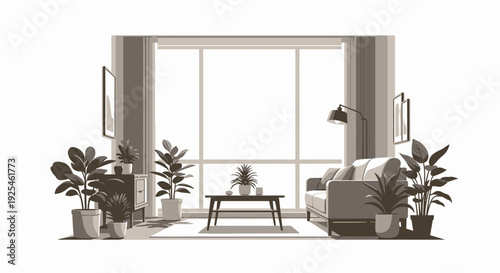 Modern living room interior illustration with furniture and plants vector